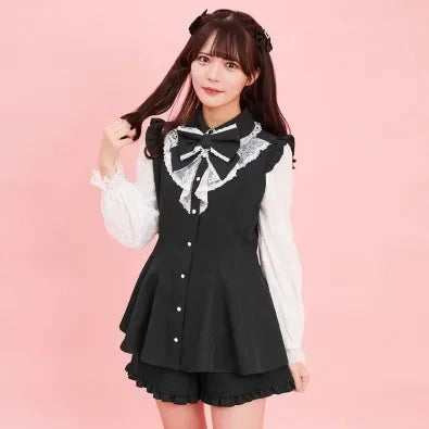 SC Suit Japanese Mine Mass-Produced Lolita Girl Sweet Bow Lace Long Sleeve Shirt Dress Shorts Culottes 2 Piece Set Women Outfits