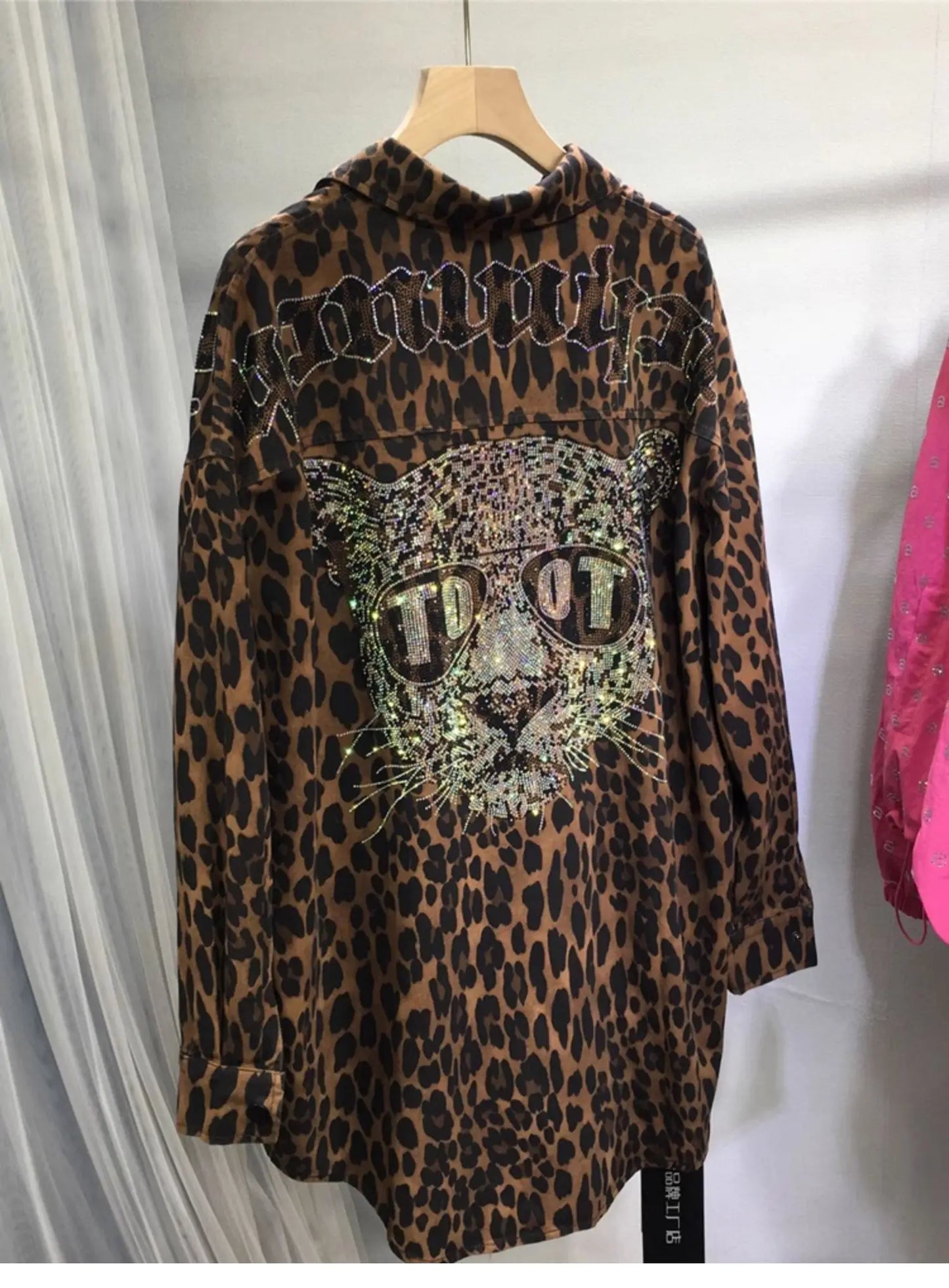 European Goods Heavy Industry Hot Diamond Shirt Women Domineering Tiger Head Leopard Print Cardigan Loose Autumn and Winter Coat