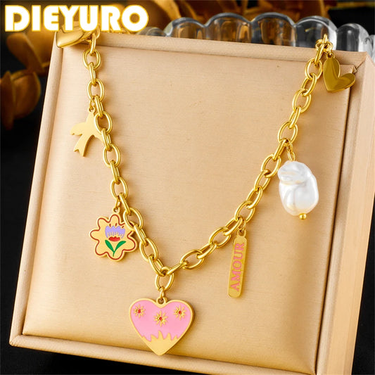 DIEYURO 316L Stainless Steel Pink Heart Flower Irregular Pearl Pendant Necklace For Women New Trend Love Neck Jewelry Gift Party