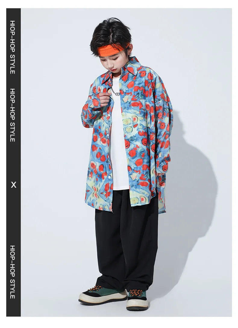 New Kids Street Dance Hip Hop Clothing Boys Girls Loose Long Sleeves Shirt Black Pants Casual Rave Clothes Teenagers Stage Wear