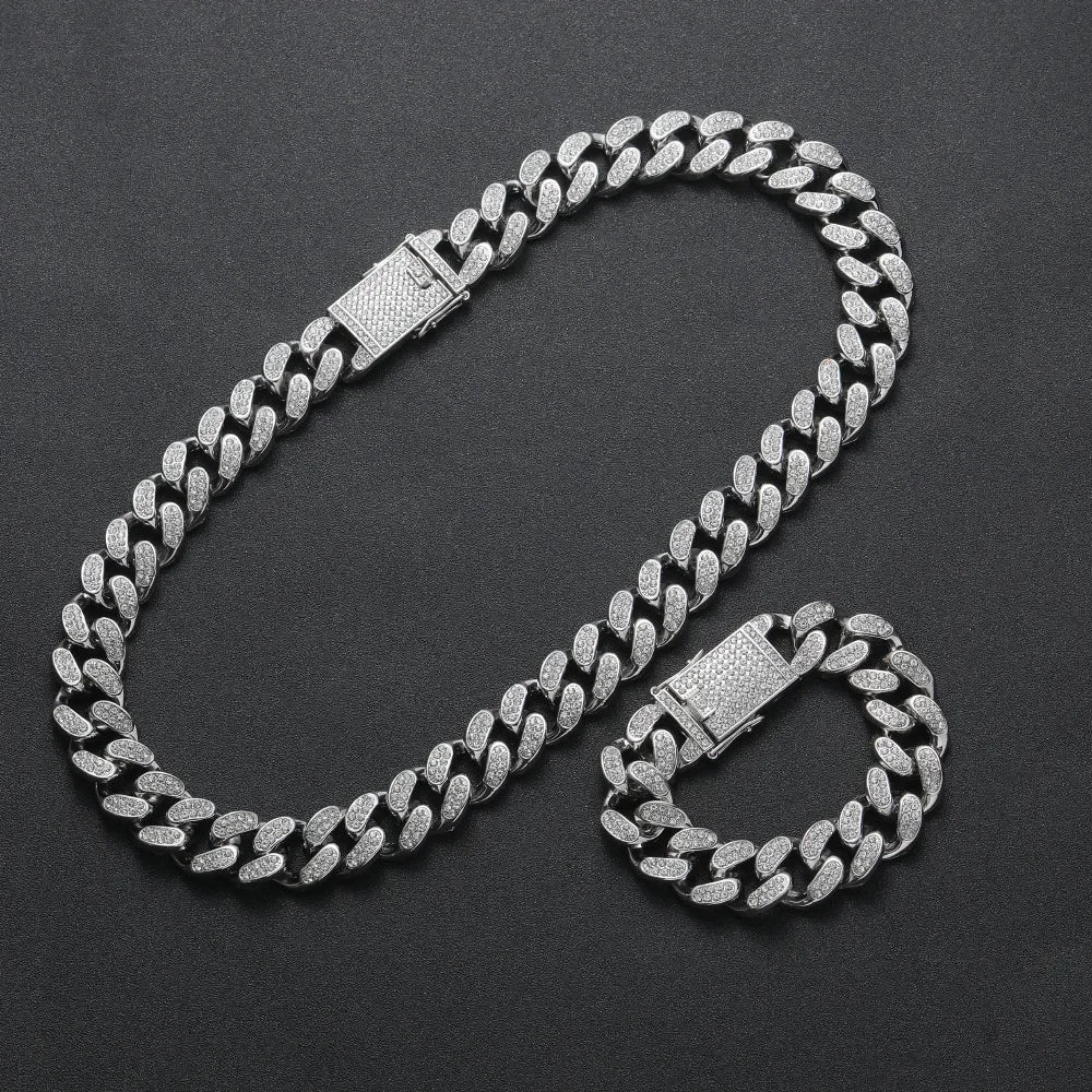 Miami Curb Cuban Chain Necklace Bracelet Women Men 20mm Big Gold Color Iced Out Paved Rhinestones Hip Hop Jewelry Set Box Clasp