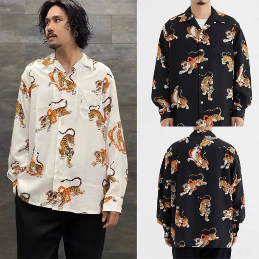 24SS Tiger Pattern WACKO MAR Loose Casual Long Sleeve Men Woman Fashion Couple Single Breasted Shirt