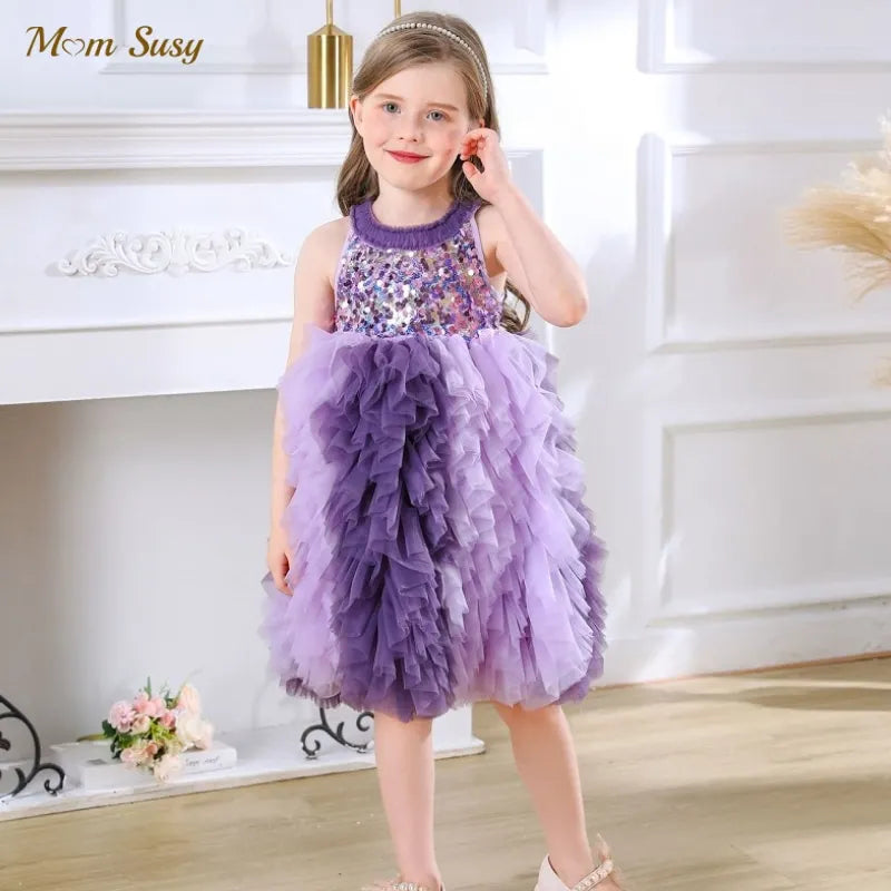Fashion Baby Girl Princess Sequins Layered Tutu Dress Sleeveless Infant Toddler Tulle Vestido Party Birthday Baby Clothes 1-12Y