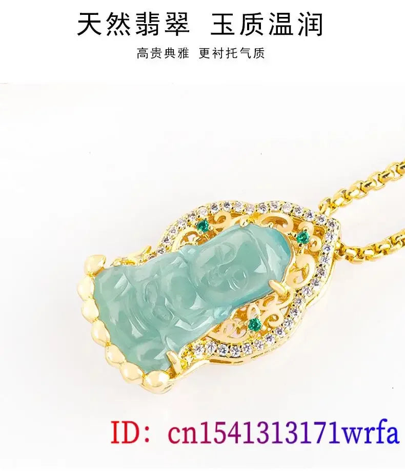 Blue Jadeite Buddha Pendant Amulet Necklace 18K Gold Plated Jewelry Man Natural Real Burmese Jade Talismans Choker Stone