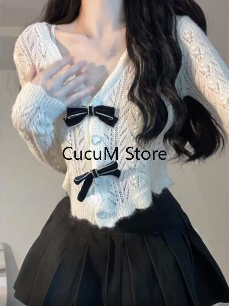 French Elegant 2 Piece Set Woman White Knitted Blouse Bow + Casual Slim Y2k Mini Skirt Korean Fashion Suit Outfit 2023 Autumn