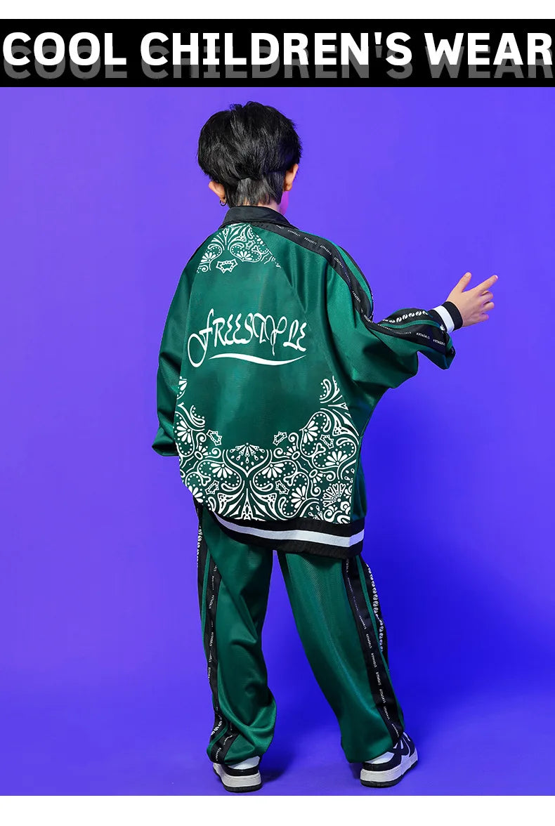 Kids Hip Hop Clothing Green Long Sleeves Outfit Coat Pants Boys Girls Modern Street Dance Costume Concert Show Clothing BL9005