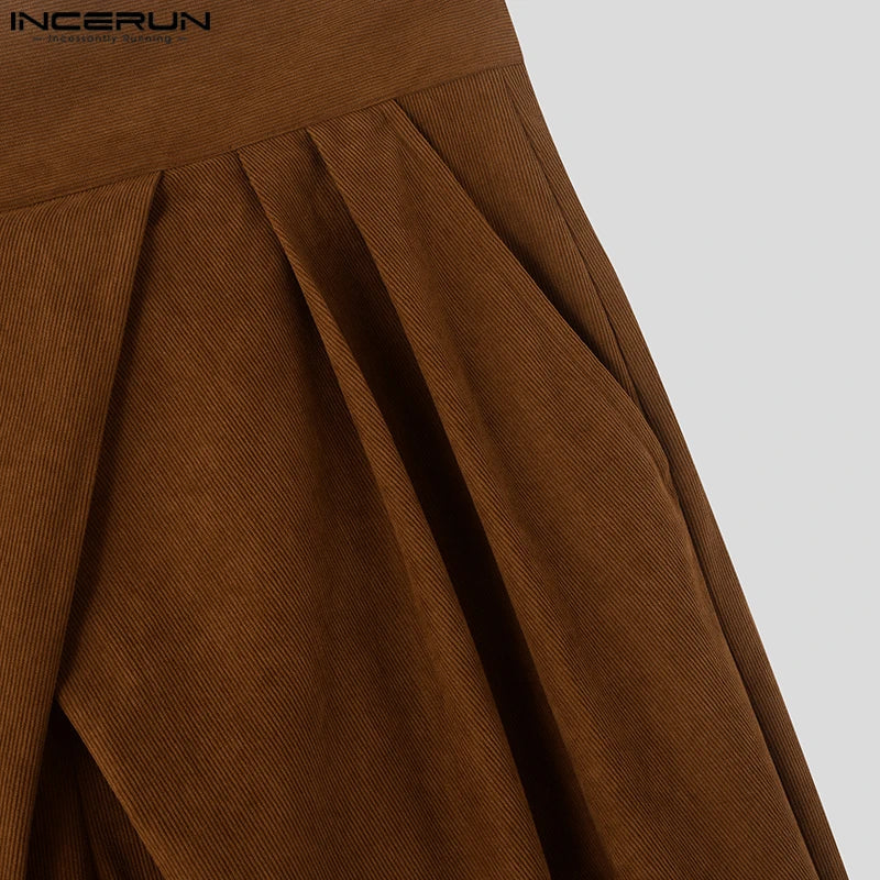 INCERUN American Commuting Men Long Loose Pants 2024 Handsome Boy High Waist Solid Color Trousers Fold Cross Wide Leg Bottoms