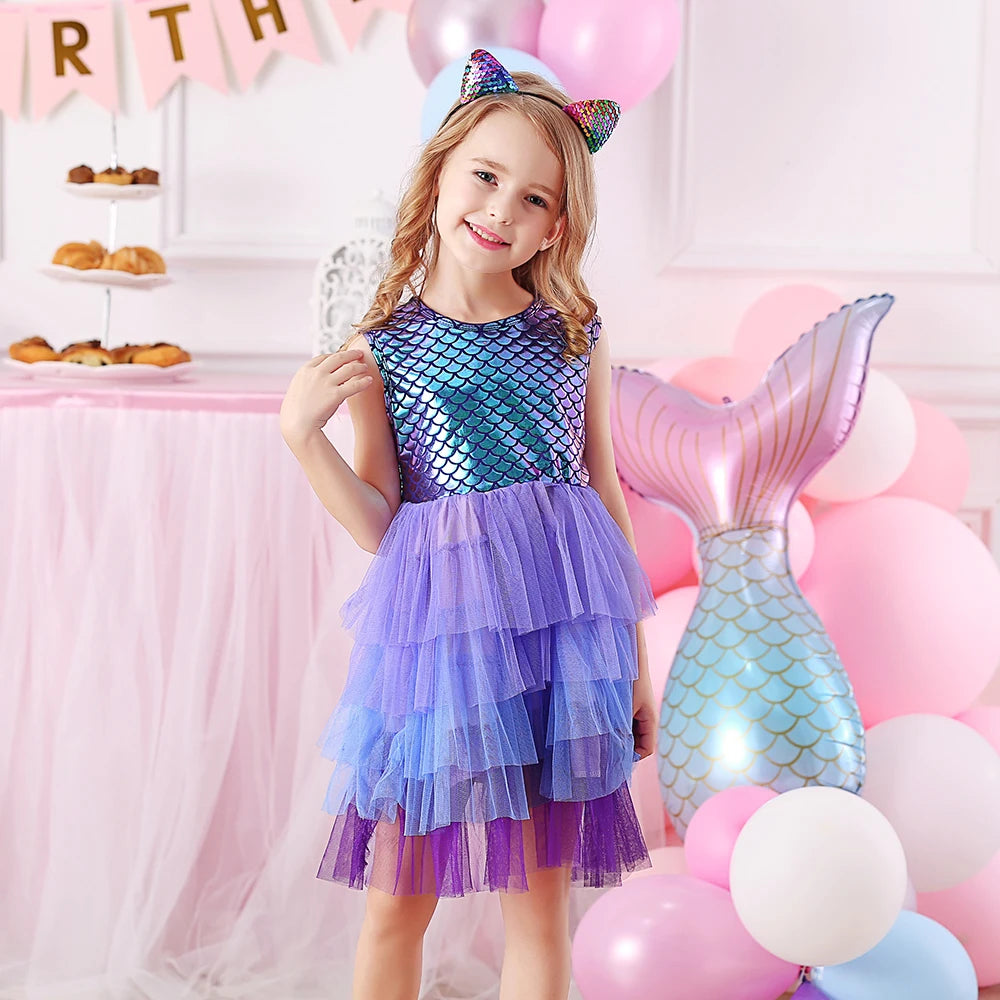 VIKITA Girls Mermaid Print Summer Sleeveless Dresses Girls Birthday Party Prom Gown Princess Dress Kids Layered Cake Tutu Dress