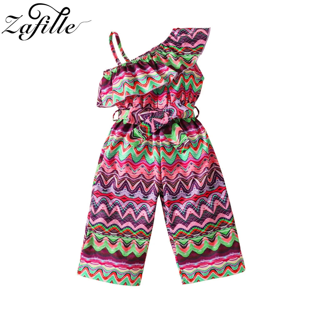ZAFILLE Baby Playsuit Striped Belted Girl Jumpsuit For Kids 2023 Off Shoulder Summer Overalls For Children Toddler Girl Clothes