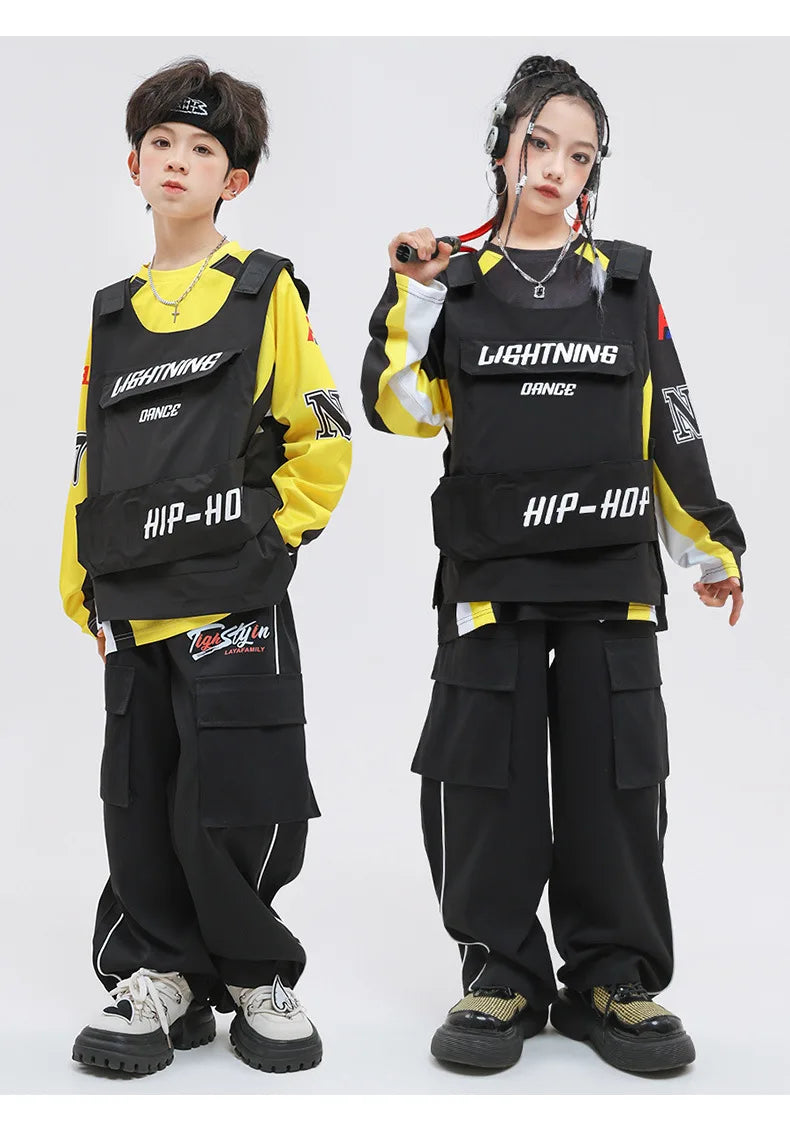 Kid Hip Hop Clothing Yellow Racing Long Sleeve T Shirt Vest Black Casual Cargo Pants for Girls Boys Jazz Dance Costume Clothes