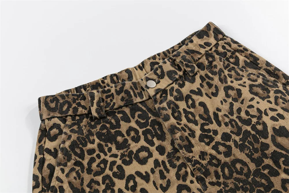 Leopard Print Cargo Pants Mens Multi-Pocket Retro Streetwear Straight Loose Wide Leg Trousers Men