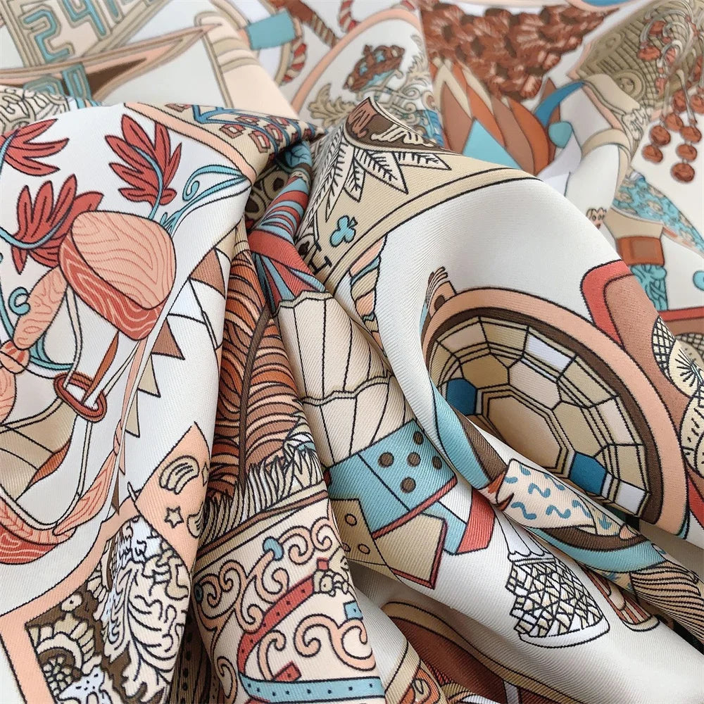 Twill Headscarf for Women Chain Geometric Print 90*90cm Square Scarf Hijab Bandana Female Neckerchief Hand Shawl Wraps Echarpe