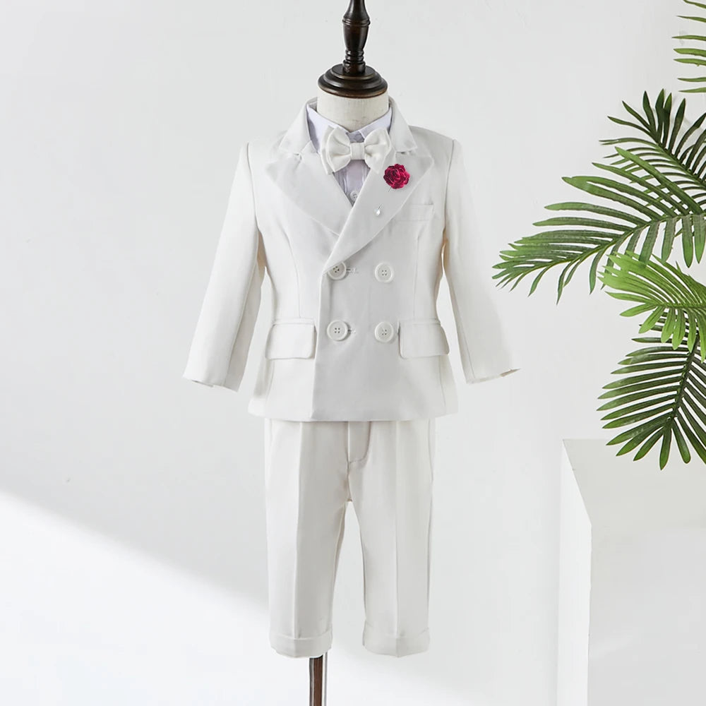 Young child Boy White Suit Baptism Birthday Party Photograph Clothes Dress Baby Jacket Straps Pants Bowtie 3PCS Eid Kids Attire