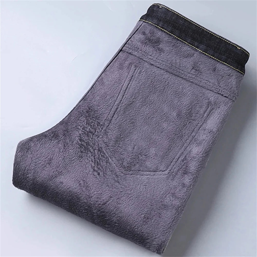 Men's Classic Regular Fit Fleece Jeans Business Fashion Loose Casual Stretch Pants Male Brand Plus Velvet Padded Warm Trousers