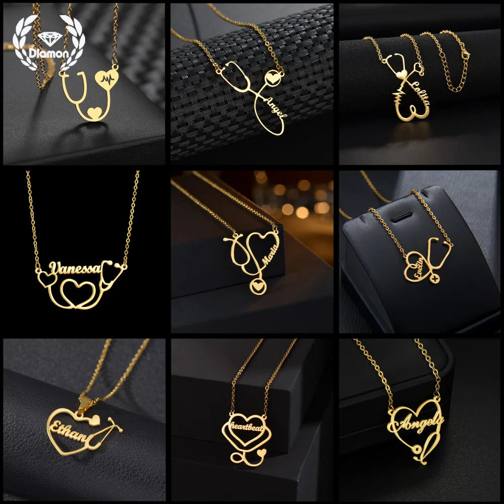Diamon New Personalized Custom Name Necklace Stainless Steel Stethoscope Letter Chock Chain Nameplate for Women Jewelry Gifts