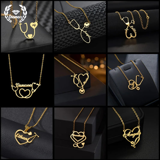 Diamon New Personalized Custom Name Necklace Stainless Steel Stethoscope Letter Chock Chain Nameplate for Women Jewelry Gifts