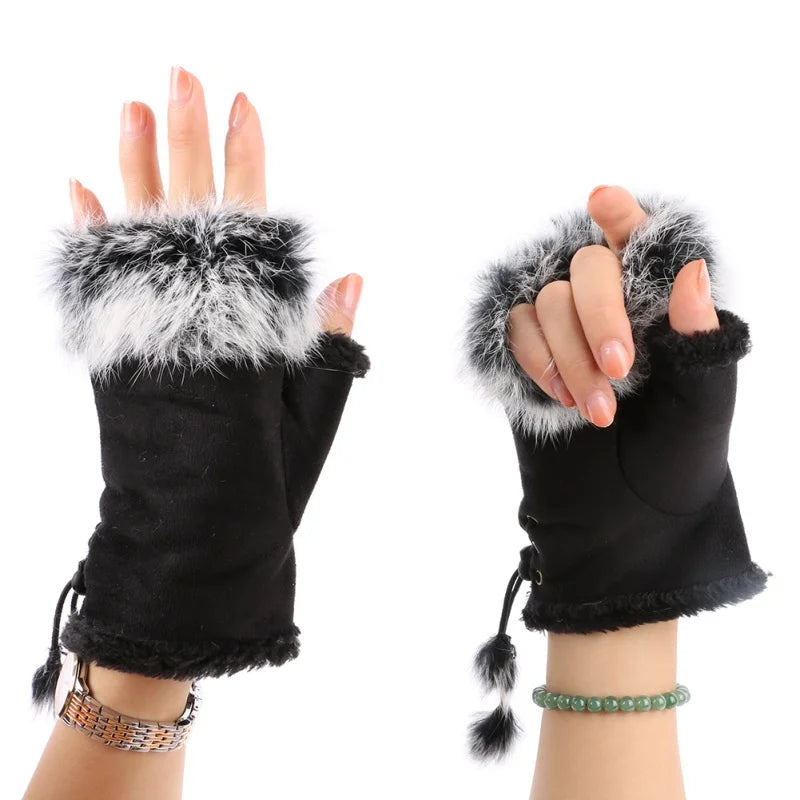 Fashion Warmth Half-Finger Gloves Women Winter Gloves Sexy Faux Rabbit Fur Hand Wrist Warmer Fingerless Gloves Mitten For Ladies