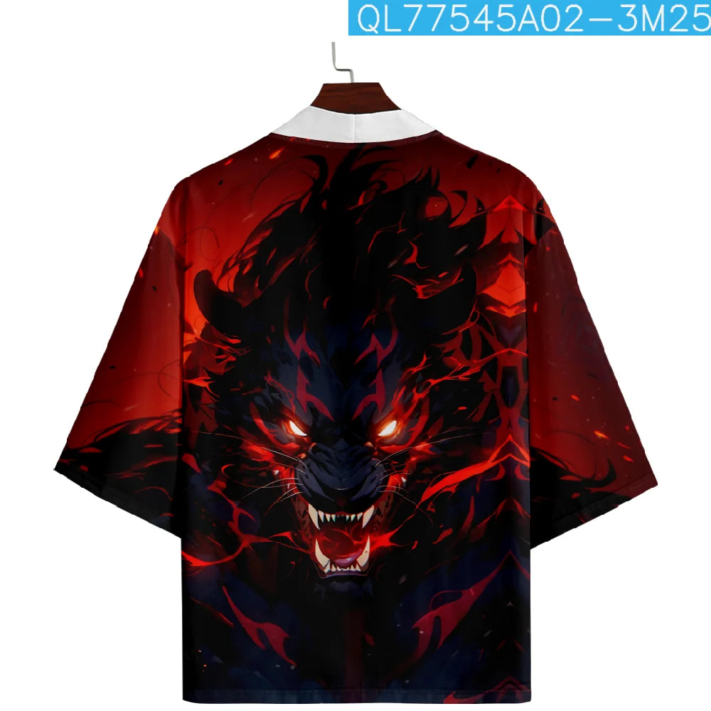 Anime Wolf Print Japanese Cosplay Kimono Yukata Men Women Fashion Cardigan Blouse Haori Obi Asian Clothes Harajuku