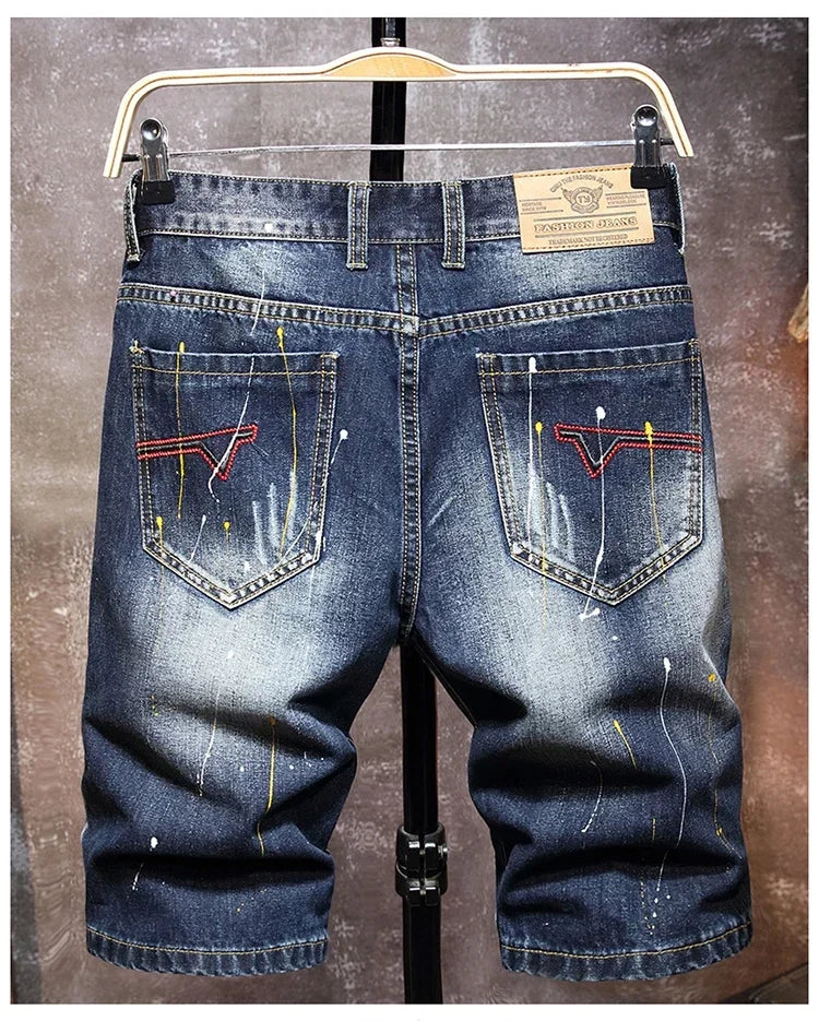 Men's Short Pants Jeans Trend Beggar Quarter Pants Ripped Denim Shorts Loose Straight Painted