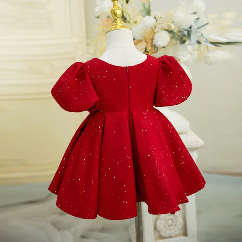 Baby Girls 1st Birthday Ceremony Princess Dresses Evening Party Children Formal Costumes Wedding Flower Kids Cute Red Clothes