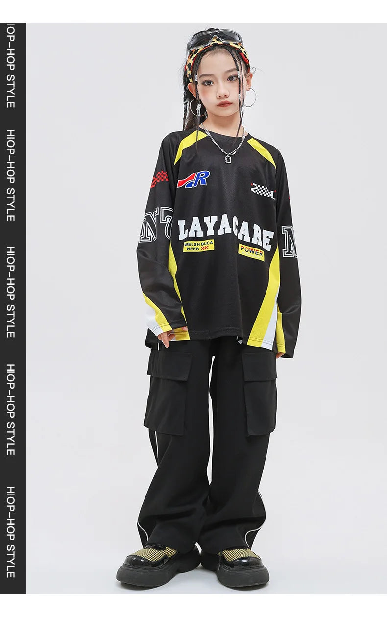 Kid Hip Hop Clothing Yellow Racing Long Sleeve T Shirt Vest Black Casual Cargo Pants for Girls Boys Jazz Dance Costume Clothes
