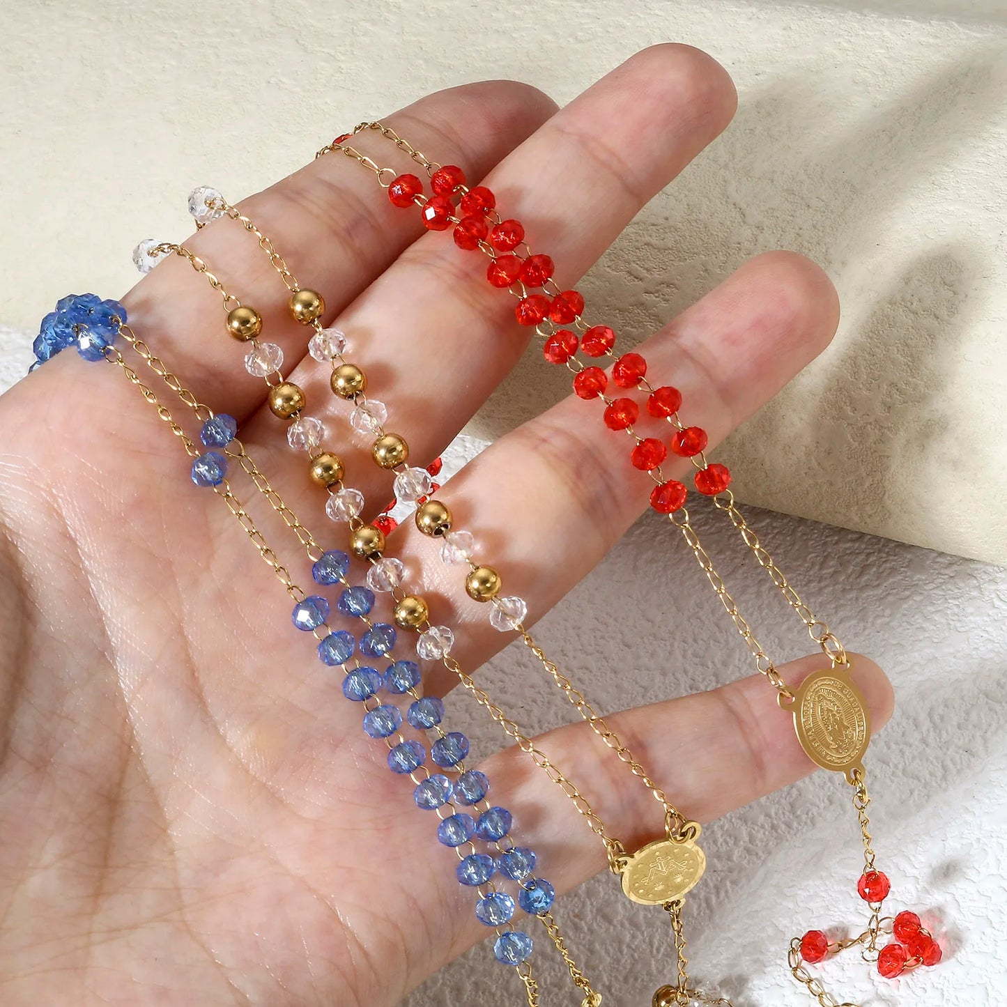 1 Piece 304 Stainless Steel & Glass Religious Handmade Link Chain Necklace Gold Color Cross Virgin Mary Charm 54cm(21 2/8") long