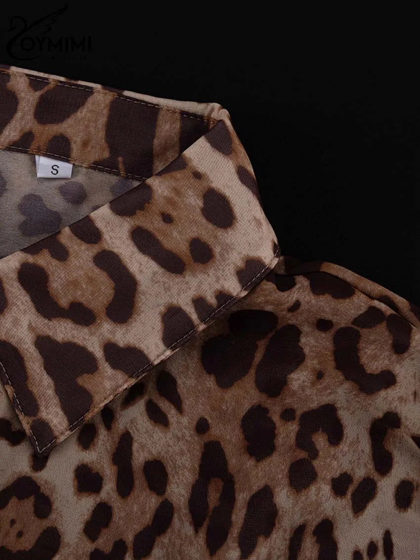 Oymimi Fashion Brown Leopard Print Sets For Women 2 Pieces Elegant Puff Sleeve Button Shirts And Drawstring Shorts Female Sets