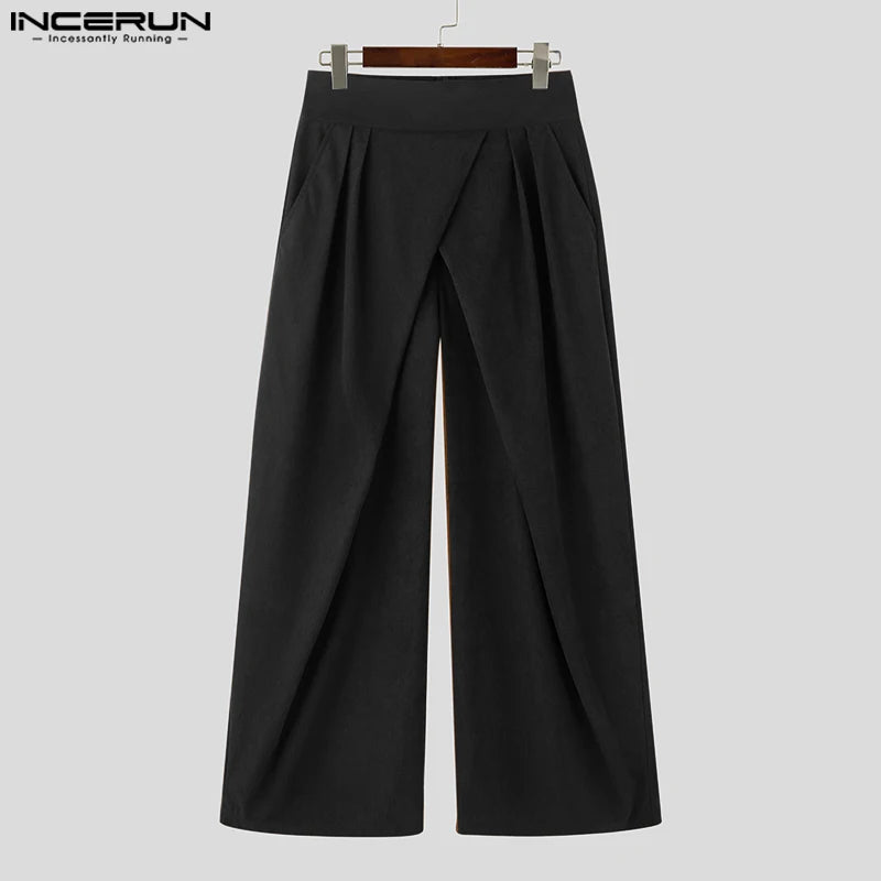 INCERUN American Commuting Men Long Loose Pants 2024 Handsome Boy High Waist Solid Color Trousers Fold Cross Wide Leg Bottoms