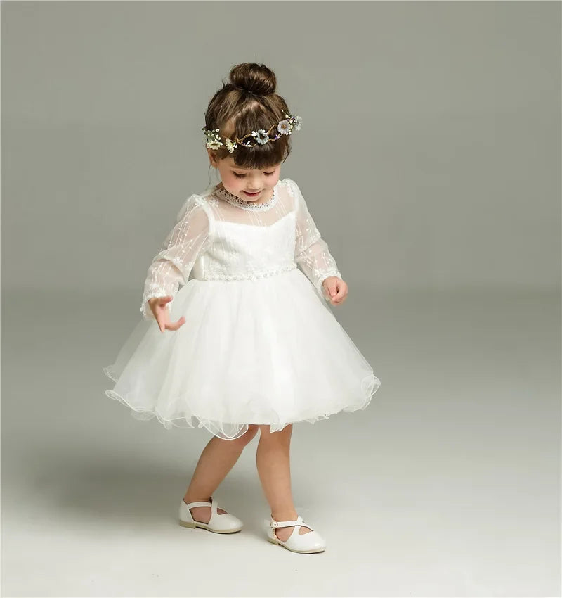 0-24 Months Long Sleeve Baby Girl Dress Infant Toddler Birthday Party Dresses Little Girls White Wedding Baptism Dress 8515