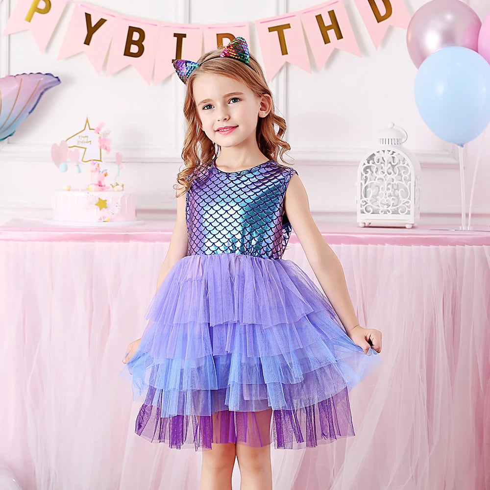 VIKITA Girls Mermaid Print Summer Sleeveless Dresses Girls Birthday Party Prom Gown Princess Dress Kids Layered Cake Tutu Dress