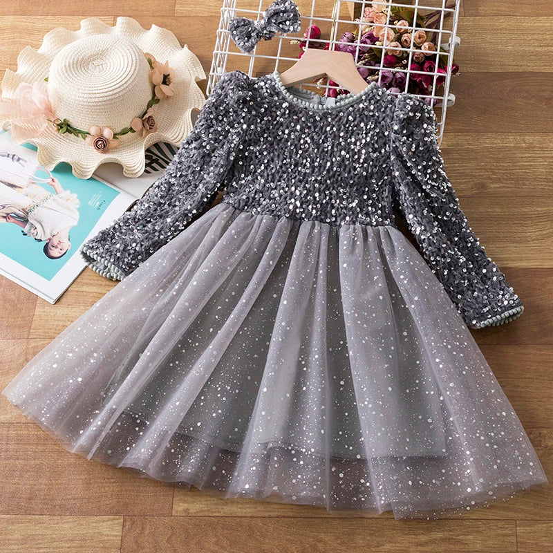 Sequin Girls Princess Party Dresses for 3-8 Yrs Kids Birthday Wedding Evening Prom Gown Spring Fall Long Sleeve Children's Dress