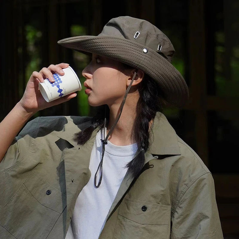 2024 Retro Mountaineering Hat Women Spring Summer Outdoor Camping Drawstring Western Cowboy Hats Simple Sunshade Fisherman Cap