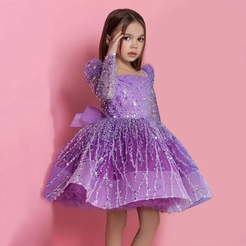 2024 Girls Dress Sequin Mesh Long-sleeved Birthday Party Outfit  New children's Clothes Matching Baby Opening Ceremony Prom