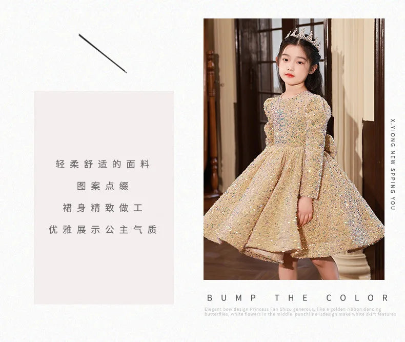 3-14 Yrs Flower Girls Dress Wedding Birthday Dress Golden Sequin Lace First Communion Dresses for Girls Baptism Party Vestidos