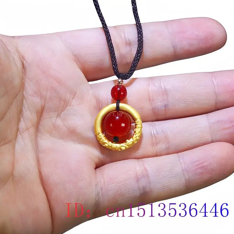 Red Real Jade Bead Pendant Necklace Amulet Designer Accessories Stone Fashion Carved Natural Jewelry Chain 18K Gold Plated