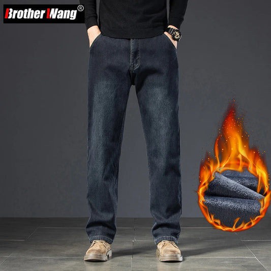 New Winter Men's Velvet Nostalgic Straight Jeans High Quality Thickened Warm Denim Pants Male Brand Loose Trousers