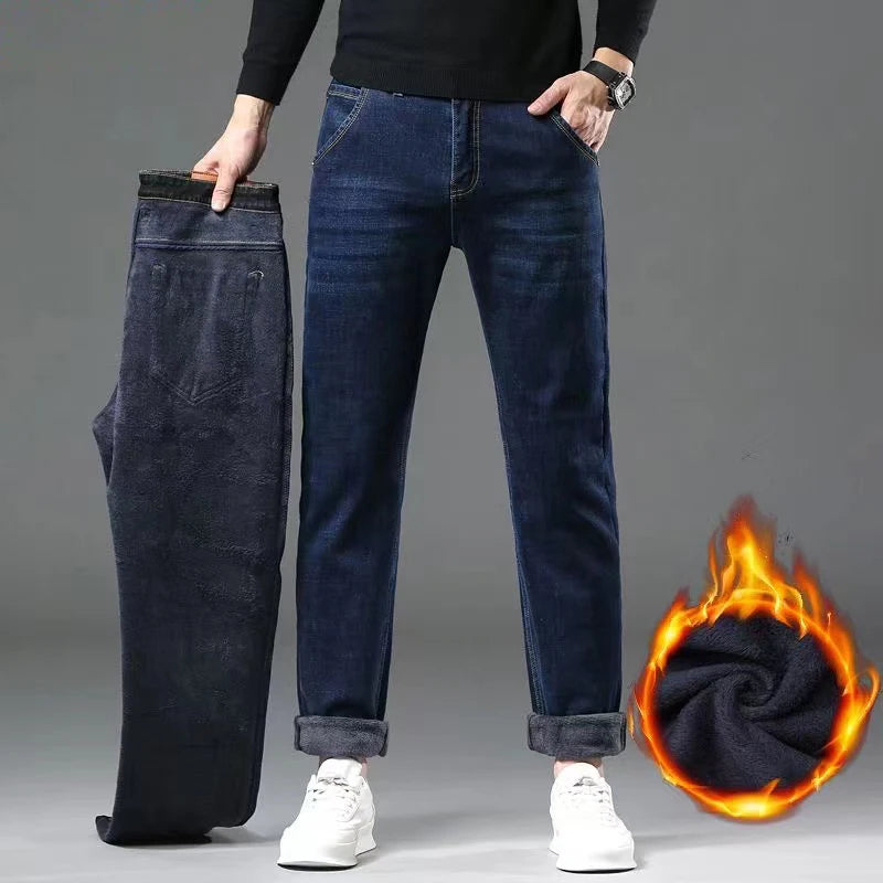 Winter Men's Thermal Jeans Fashion Style Warm Thicken Fleece Slim Straight Elastic Business Denim Casual Pants Mens Brand Jeans