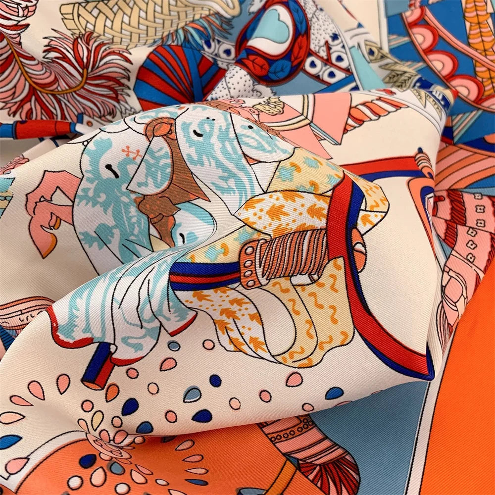 Twill Headscarf for Women Chain Geometric Print 90*90cm Square Scarf Hijab Bandana Female Neckerchief Hand Shawl Wraps Echarpe