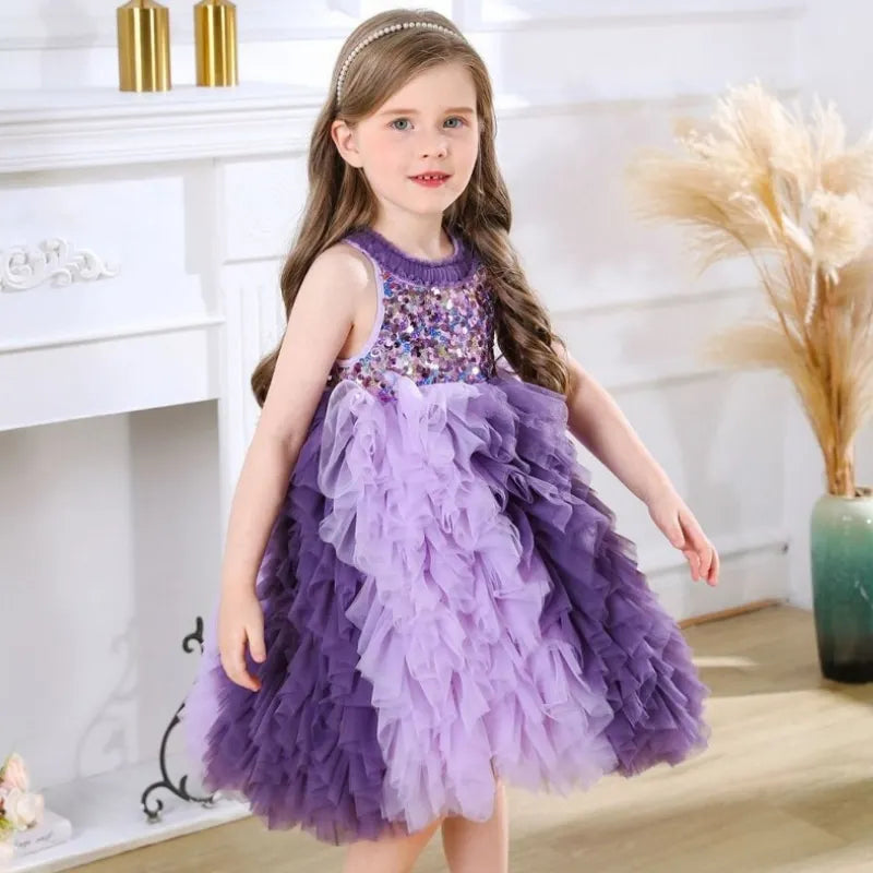 Fashion Baby Girl Princess Sequins Layered Tutu Dress Sleeveless Infant Toddler Tulle Vestido Party Birthday Baby Clothes 1-12Y