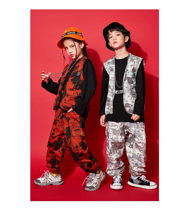 Modern Hip Hop Dance Clothes Kids Costume Camouflage Vest Pants Girls Long Sleeves Suit Boys Street Dance Outfit Rave Wear L9730