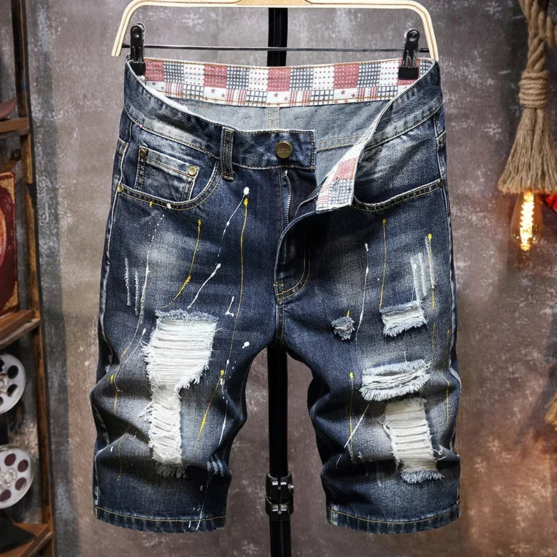 Men's Short Pants Jeans Trend Beggar Quarter Pants Ripped Denim Shorts Loose Straight Painted