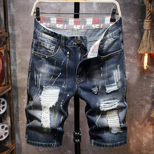 Men's Short Pants Jeans Trend Beggar Quarter Pants Ripped Denim Shorts Loose Straight Painted