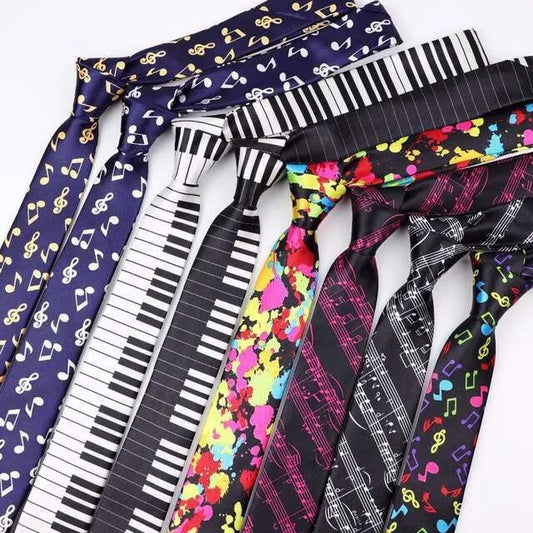 Classic Fashion Men's Skinny Tie Colorful Musical Notes Printed Piano Guitar Polyester 5cm Width Necktie Party Gift Accessory