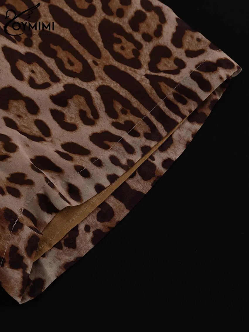 Oymimi Fashion Brown Leopard Print Sets For Women 2 Pieces Elegant Puff Sleeve Button Shirts And Drawstring Shorts Female Sets