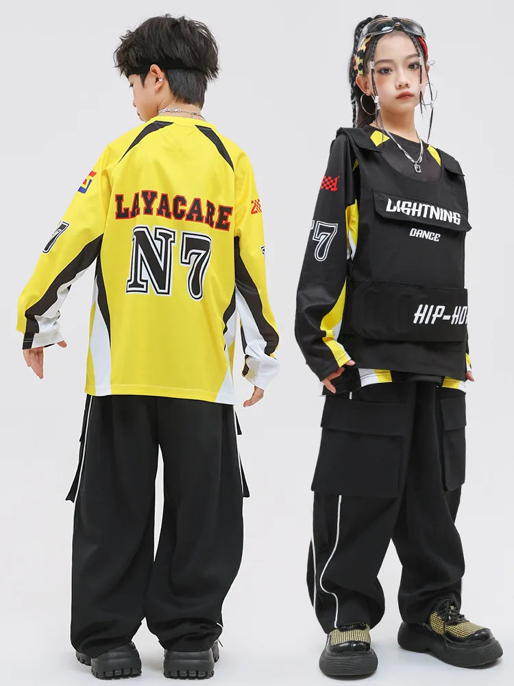 Kid Hip Hop Clothing Yellow Racing Long Sleeve T Shirt Vest Black Casual Cargo Pants for Girls Boys Jazz Dance Costume Clothes