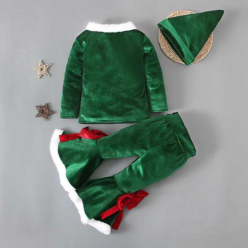 Baby Girls Christmas Cosplay Santa Claus Long Sleeve Red Bell Bottom Velvet Suit Carnival Party Kid Costume Top+Pant+Cap Clothes