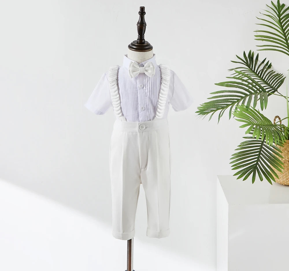 Young child Boy White Suit Baptism Birthday Party Photograph Clothes Dress Baby Jacket Straps Pants Bowtie 3PCS Eid Kids Attire