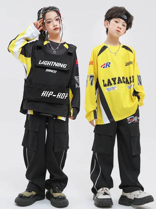 Kid Hip Hop Clothing Yellow Racing Long Sleeve T Shirt Vest Black Casual Cargo Pants for Girls Boys Jazz Dance Costume Clothes