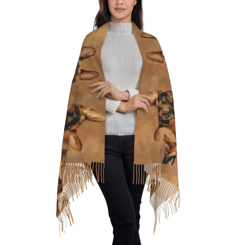 German Shepherd Courage Scarf Wrap Women Long Winter Fall Warm Tassel Shawl Unisex Alsatian Wolf Dog Lover Scarves