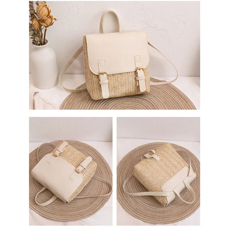 Fashion Women's Shoulder Bag Vintage Straw Woven Bag PU Leather Shoulder Bag Elegant Luxury Versatile Designer Backpack Mochilas
